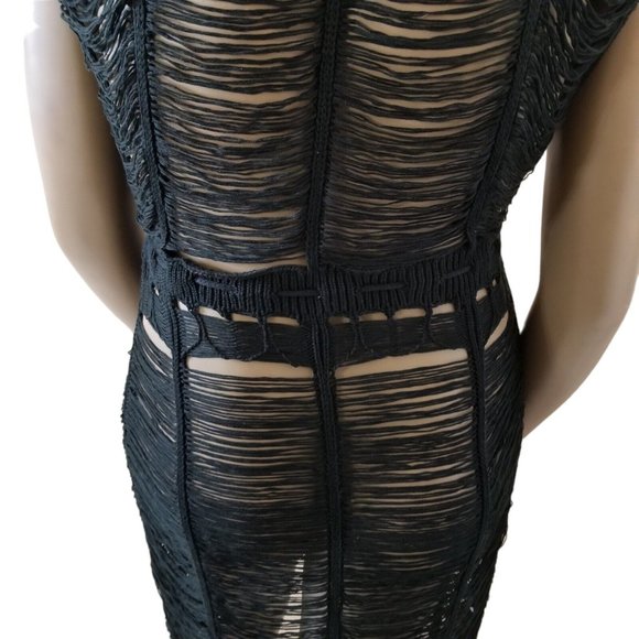 Distressed Tie Waist Short Sleeve Fringe Knit Cover Up Robe Womens XXL Black - Picture 12 of 15